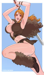  armpits arms_up ass braid breasts brown_eyes brown_skirt cape female fur_cape fur_leg_warmers highres holding holding_sword holding_weapon large_breasts leg_warmers long_hair nami_(one_piece) navel one_piece open_mouth orange_hair panties skirt solo sword two-handed_sword underwear uukkaa weapon white_panties 