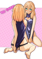  absurdres bare_shoulders blonde_hair blue_eyes blush breasts bridget china_dress chinese_clothes cleavage cleavage_cutout clothing_cutout dress guilty_gear guilty_gear_strive highres long_hair looking_at_mirror mirror panties sitting soles sugajyun underwear 