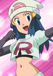  :d absurdres beanie black_gloves blue_eyes blue_hair dawn_(pokemon) elbow_gloves female gloves hainchu hat highres long_hair midriff navel open_mouth pokemon pokemon_(anime) smile solo team_rocket team_rocket_uniform white_hat 