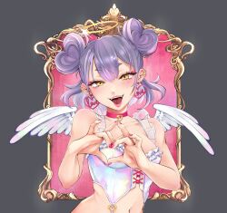  angel basedkawaii blush border breasts choker double-parted_bangs double_bun earrings fangs feathered_wings female frilled_bustier frills gleam grey_background hair_bun halo heart heart-shaped_hair heart_choker heart_earrings heart_hands highres inset_border jewelry lace-up_top looking_at_viewer medium_breasts medium_hair mole mole_under_eye multiple_piercings navel original ornate_border pendant_choker piercing purple_hair red_background red_choker red_lips red_nails smile teeth tongue_piercing upper_body upper_teeth_only white_bustier white_wings wings yellow_eyes 