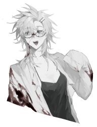  black_camisole blood blood_in_hair blood_on_clothes blood_on_face blue_eyes breasts camisole chinese_commentary cleavage colored_skin commentary_request cropped_torso female genderswap_(mtf) glasses grey_hair hair_ornament hairclip hand_up highres kanou_aogu lab_coat lapels long_hair long_sleeves open_clothes rule_63 saibou_shinkyoku simple_background sleeves_past_fingers sleeves_past_wrists small_breasts solo white_background white_skin xivm1111 