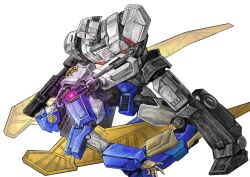  2boys arm_cannon blue_eyes cannon fighting highres lizardmancc mecha megatron multiple_boys no_humans red_eyes robot science_fiction sentinel_prime sentinel_prime_(transformers_one) transformers transformers_one weapon wings 