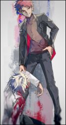  2boys atou_haruki black_jacket black_pants blood blood_on_clothes brown_sweater cmoku commentary film_grain full_body grin highres jacket kanou_aogu lab_coat lapels male_focus multiple_boys notched_lapels open_clothes open_jacket pants pink_hair red_eyes saibou_shinkyoku short_hair smile spoilers sweater turtleneck turtleneck_sweater white_hair 