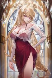  blonde_hair breasts cleavage covered_navel dress female hand_on_own_hip highres large_breasts long_hair looking_at_viewer low-tied_long_hair merumeko original purple_eyes red_dress see-through_shrug shrug_(clothing) side_slit sleeveless sleeveless_dress smile solo very_long_hair 