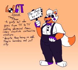  ambiguous_gender animatronic anthro bow_tie canid canine clothing dress_shirt ear_piercing felineflustered five_nights_at_freddy&#039;s five_nights_at_freddy&#039;s_world fox lipstick lolbit_(fnaf) machine makeup mammal model_sheet nonbinary_(lore) piercing robot scottgames sharp_teeth shirt sign solo suspenders tail teeth text topwear 