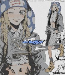  animal_ear_headwear animification beanie black_socks blonde_hair blue_hat braid copyright_name cropped_shirt female grey_shorts hat highres hira_kumatsu hong_eun-chae k-pop le_sserafim looking_at_viewer midriff mole mole_under_eye multiple_views navel one_eye_closed polka_dot_headwear real_life shoes shorts sneakers socks song_name twin_braids yellow_footwear 