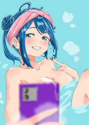  absurdres ahoge alternate_hairstyle blue_background blue_eyes blue_hair blush breasts cellphone cleavage female grin hair_bun haruka_(haruka_hack) highres holding holding_phone looking_at_viewer make_heroine_ga_oo_sugiru! medium_breasts partially_submerged phone shiny_skin smartphone smile solo steam towel towel_on_head water wet yanami_anna 