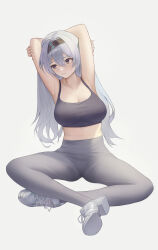  absurdres armpits arms_behind_head arms_up black_hairband breasts c.u.b.e cleavage crop_top female firefly_(honkai:_star_rail) grey_background grey_eyes grey_footwear grey_hair grey_pants hairband highres honkai:_star_rail honkai_(series) indian_style large_breasts leggings long_hair midriff pants shoes simple_background sitting sneakers solo sports_bra very_long_hair 