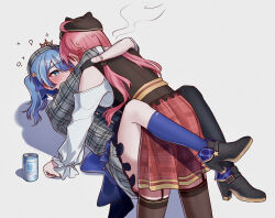  2girls absurdres ahoge asymmetrical_legwear beret blue_eyes blue_hair blush can clothing_cutout crown drink_can drunk hair_between_eyes hat highres hololive hoshimachi_suisei hoshimachi_suisei_(1st_costume) hug leg_up locked_arms mismatched_legwear multiple_girls nervous nervous_sweating official_alternate_costume pink_hair sakura_miko sakura_miko_(casual) shoulder_cutout sweat thighhighs virtual_youtuber yaki_cheese yuri 