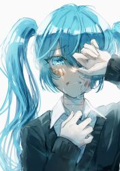  bandage_on_face bandaged_neck bandages bandaid bandaid_on_cheek bandaid_on_face black_sweater blood blood_on_face blue_eyes blue_hair clenched_teeth collared_shirt commentary crying crying_with_eyes_open female gauze hand_on_own_chest hatsune_miku highres long_hair long_sleeves looking_at_viewer parted_lips rolling_girl_(vocaloid) saikisaika shirt simple_background solo sweater tears teeth twintails upper_body vocaloid white_background white_shirt 