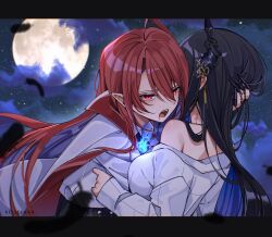  2girls ahoge alternate_ears bite_mark blood blood_from_mouth blue_fire blue_hair breasts colored_inner_hair demon_horns elizabeth_rose_bloodflame elizabeth_rose_bloodflame_(1st_costume) fangs fire halloween highres hololive hololive_english horns huge_ahoge keisea long_hair multicolored_hair multiple_girls nerissa_ravencroft oerba_yun_fang official_alternate_costume open_mouth pointy_ears red_eyes red_hair vampire vampire_costume very_long_hair virtual_youtuber yuri 