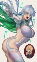  50x48x48 ass blue_hair bodysuit breasts fangs fate/grand_order fate_(series) female green_eyes green_hair highres kukulkan_(fate) kukulkan_(second_ascension)_(fate) large_breasts multicolored_hair open_mouth skindentation sparkle tezcatlipoca_(young)_(fate) thighhighs. v 