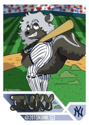  baseball_bat baseball_uniform bat_(object) clothing inky male mammal mephitid new_york_yankees skunk smile solo sportswear stink_fumes uniform waltzingwbears_(artist) 