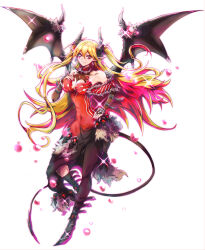  absurdres bare_shoulders black_tail black_wings blonde_hair breasts cleavage demon_girl demon_horns demon_tail demon_wings dress duel_monster female full_body highres horns lacrima_the_scarlet_sorrow large_breasts long_hair multicolored_hair pink_hair red_dress simple_background solo tail two-tone_hair two_side_up vincent_graphic_art water_drop white_background wings yu-gi-oh! 