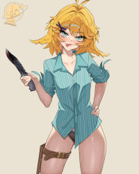  absurdres aqua_eyes aqua_shirt blonde_hair blood blood_on_knife blue_shirt brown_background commentary cowboy_shot dokibird_(vtuber) dokibird_(vtuber)_(bounty_hunter) english_commentary feather_hair female hand_on_own_hip highres holding holding_knife holster indie_virtual_youtuber knife licking_lips neon_luminous no_pants panties shirt short_hair solo sweat thigh_holster thigh_strap tongue tongue_out twitter_username underwear 