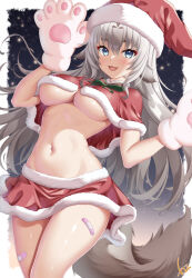  animal_ear_fluff animal_ears animal_hands bandaid bandaid_on_leg bandaid_on_thigh border breasts brown_tail choppy_bangs christmas commission cowboy_shot female fox_ears fox_girl fox_tail foxplushy hat highres indie_virtual_youtuber kogarashi_tobi large_breasts long_hair looking_at_viewer navel outside_border pink_bandaid santa_costume santa_hat skeb_commission smile solo tail thighs underboob virtual_youtuber white_border 