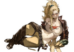  absurdres black_footwear blonde_hair blue_eyes blush boots braid breasts brown_gloves brown_jacket cleavage commentary_request crop_top cropped_jacket female full_body gemma_(monster_hunter_wilds) gloves highres jacket large_breasts leather leather_boots leather_jacket long_hair looking_at_viewer lying messy_hair miao_jiangyou midriff monster_hunter_(series) narrow_waist navel on_side pants side_braid single_off_shoulder solo thigh_boots wide_hips yellow_pants 