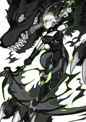  absurdres breasts diabellstar_the_black_witch dress duel_monster earrings female full_body greyscale half_mask highres holding holding_scythe jewelry large_breasts mask monochrome olf_factory pantyhose scythe short_dress short_hair spot_color wolf yu-gi-oh! 