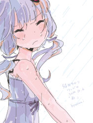  blush closed_eyes closed_mouth commentary_request dated dress facing_to_the_side facing_viewer female floating_hair from_side frown hair_ornament kyarai-417 long_hair no_jacket purple_dress purple_hair rain short_hair_with_long_locks sidelocks simple_background sleeveless sleeveless_dress solo translation_request upper_body vocaloid voiceroid wet white_background yuzuki_yukari 