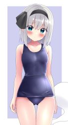  ass_visible_through_thighs black_hairband blue_eyes blush breasts collarbone cowboy_shot female green_eyes grey_background grey_hair hair_ribbon hairband highres hitodama konpaku_youmu konpaku_youmu_(ghost) looking_at_viewer one-piece_swimsuit ribbon school_swimsuit shishiky short_hair small_breasts solo swimsuit touhou white_background 