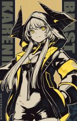  bodysuit character_name dog_tags female greyscale highres hood horned_hood horns jacket karenina:_blast_(pgr) karenina_(pgr) long_sleeves monochrome open_clothes open_jacket partially_colored punishing:_gray_raven short_hair_with_long_locks solo towasuke yellow_eyes 