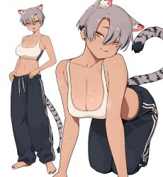  absurdres animal_ear_fluff animal_ears barefoot breasts cat_ears cat_girl cat_tail cleavage female grey_hair hair_between_eyes highres kara_(vertigris) large_breasts navel original pants short_hair simple_background sports_bra sportswear sweat tail track_pants vertigris white_background yellow_eyes 