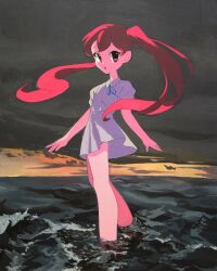  acrylic_paint_(medium) cloud cloudy_sky dress female floating_hair full_body highres long_hair looking_at_viewer momoe_(mme_daigaku) open_mouth original outdoors painting_(medium) red_eyes red_hair short_dress short_sleeves sky solo standing traditional_media twintails wading water white_dress 