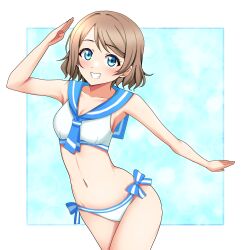  arm_up bad_source bikini blue_eyes brown_hair female love_live! love_live!_sunshine!! navel nikukaisan sailor_swimsuit_(idolmaster) salute short_hair simple_background smile solo stomach swimsuit thighs watanabe_you 