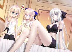  3girls absurdres aesc_(fate) aesc_(rain_witch)_(fate) aesc_(savior)_(fate) ahoge black_bow blonde_hair blue_eyes blush bow braid breasts cleavage fate/grand_order fate_(series) glasses green_eyes grey_hair hairbow highres large_breasts long_hair longdq3008 looking_at_viewer medium_breasts morgan_le_fay_(fate) multiple_girls open_mouth ponytail round_eyewear side_ponytail sidelocks small_breasts smile thighs very_long_hair 