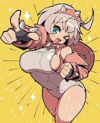  black_gloves blue_eyes breasts cowboy_shot cropped_jacket elphelt_valentine female fingerless_gloves gloves grey_hair guilty_gear guilty_gear_strive highres itsuka_neru jacket large_breasts leotard one_eye_closed open_clothes open_jacket pink_jacket pointing pointing_at_viewer sideboob simple_background single_bare_shoulder solo sparkle white_leotard yellow_background 