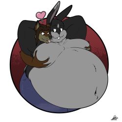  1:1 aaron_(dreykodrak) anthro belly big_belly black_body black_claws black_fur bottomwear brown_body brown_eyes brown_fur brown_hair canid canine canis claws clothed clothing denim denim_bottomwear denim_clothing digital_drawing_(artwork) digital_media_(artwork) dreykodrak duo eyeliner fangs frown fur grey_body grey_fur hair half-closed_eyes hi_res hug hugging_another hugging_from_behind hyke_(hykewolffen) hykewolffen jeans lagomorph leporid long_hair makeup male male/male mammal moob_grab moobs multicolored_body musclegut muscular narrowed_eyes navel overweight overweight_anthro overweight_male pants pecs rabbit teeth topless topless_anthro topless_male two_tone_body whiskers white_sclera wolf 