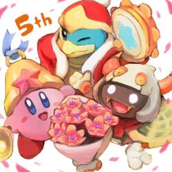  2boys anniversary bell bell_kirby blue_eyes blush_stickers cape commentary_request copy_ability disembodied_hand extra_eyes extra_hands fangs flower glowing glowing_eyes horns instrument king_dedede kirby kirby:_triple_deluxe kirby_(series) multiple_boys no_arms no_humans official_art one_eye_closed open_mouth petals rayman_limbs red_scarf robe scarf simple_background smile star_(symbol) tambourine taranza white_background white_eyes white_hair yellow_eyes 