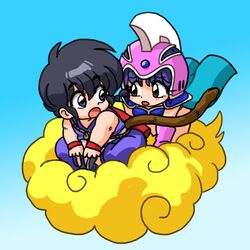  1boy black_hair blue_background blue_eyes blue_hair blush brown_eyes cape chi-chi_(dragon_ball) chi-chi_(dragon_ball)_(cosplay) chibi commentary_request cosplay dragon_ball dragon_ball_(classic) female flying gradient_background hat looking_at_another monkey_tail open_mouth ranma_1/2 saotome_ranma short_hair sky son_goku son_goku_(cosplay) tail tendou_akane wanta_(futoshi) wristband 