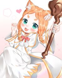  :3 :d animal_ears aqua_eyes bell blush braid cat_ears commentary_request eyebrows female hair_bell hair_ornament highres long_hair mimi_pearlbaton oerba_yun_fang open_mouth orange_hair re:zero_kara_hajimeru_isekai_seikatsu smile solo staff twin_braids ubi_(ekdus6080) v-shaped_eyebrows 