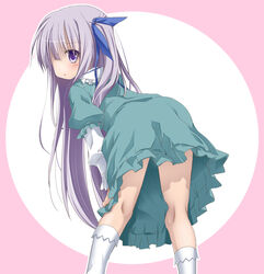  ass bent_over blue_eyes commentary_request dress female from_behind gotou_jun green_dress grey_hair hair_over_one_eye hands_on_own_thighs izumi_yukiru kneehighs kneepits legs long_hair looking_back one_side_up ribbon socks solo tenshi_no_3p! very_long_hair white_socks 