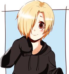  bad_id bad_pixiv_id blonde_hair blush brown_eyes earrings female hair_over_one_eye hood hood_down hoodie idolmaster idolmaster_cinderella_girls jewelry long_sleeves looking_at_viewer shirasaka_koume short_hair sleeves_past_fingers sleeves_past_wrists smile solo upper_body vivid_(key) 