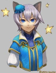  1boy absurdres animal_ears bad_id bad_twitter_id blue_eyes cat_boy cat_ears commentary_request grey_hair highres ledo_vassar male_focus pop-up_story solo star_(symbol) twitter_username umino_kiri 