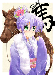  2014 alternate_hairstyle commentary_request feena_fam_earthlight female fujimoto_akio green_eyes hair_bun horse japanese_clothes kimono light_purple_hair new_year obi photoshop_(medium) sash single_hair_bun solo yoake_mae_yori_ruri_iro_na 