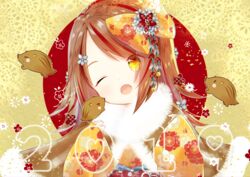  &gt;_&lt; 2019 ;o animal bad_id bad_pixiv_id bell blush blush_stickers boar bow brown_hair chinese_zodiac closed_eyes commentary_request fangs female floral_print fur_collar hair_ornament hairbow hand_up head_tilt heart highres japanese_clothes jingle_bell kimono kuma_no_yume long_hair long_sleeves one_eye_closed open_mouth original print_kimono sleeves_past_wrists solo upper_body year_of_the_pig yellow_bow yellow_eyes yellow_kimono 