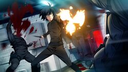  black_hair blade blood epic grisaia_(series) grisaia_no_kajitsu grisaia_no_rakuen gun kazami_yuuji knife legs pants red_hair vest weapon 