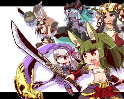  5girls :&lt; :d :o animal animal_ear_fluff animal_ears antlers arms_up bandeau bare_shoulders bell bird black_bandeau black_dress black_footwear black_gloves black_hairband black_hat black_jacket blush boots braid breasts brown_eyes brown_footwear brown_gloves brown_hair brown_legwear brown_pants brown_sleeves chains closed_mouth collarbone colored_skin commentary_request convenient_censoring dark-skinned_female dark_skin detached_sleeves dress elbow_gloves fake_horns frilled_dress frilled_hairband frills gloves glowing glowing_eye goggles goggles_on_head gothic_lolita green_eyes green_hair green_pants green_vest grey_hair grey_skin hair_ornament hair_over_one_eye hairband harem_pants hat head_tilt heterochromia high_ponytail holding holding_scythe holding_sword holding_weapon horned_headwear horns hound_(sekaiju) hound_2_(sekaiju) jacket jingle_bell knee_boots lolita_fashion lolita_hairband long_hair long_sleeves masurao_(sekaiju) masurao_2_(sekaiju) medium_dress multiple_girls naga_u navel necromancer_(sekaiju) necromancer_2_(sekaiju) off_shoulder open_clothes open_jacket open_mouth open_vest pants pantyhose parted_bangs pointy_ears ponytail profile puffy_pants purple_eyes purple_legwear rabbit_ears reaper_(sekaiju) reaper_4_(sekaiju) red_eyes round_teeth scythe sekaiju_no_meikyuu sekaiju_no_meikyuu_5 shaman_(sekaiju) shaman_4_(sekaiju) short_eyebrows short_shorts shorts sidelocks sitting small_breasts smile standing stitches strapless strapless_dress striped_clothes striped_pantyhose sword teeth thick_eyebrows thigh_boots thighhighs twin_braids upper_teeth_only v-shaped_eyebrows vertical-striped_clothes vertical-striped_pantyhose very_long_hair vest weapon white_bandeau white_hat white_shorts wide_sleeves 