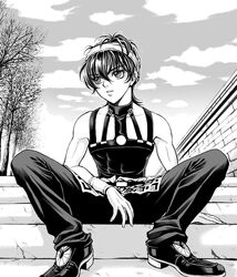  1boy baitu brick_wall choker cloud commentary_request foreshortening greyscale hairband jojo_no_kimyou_na_bouken looking_afar male_focus monochrome narancia_ghirga photoshop_(medium) sitting sky solo stairs tree wall wristband 