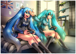  2girls all_points_bulletin aqua_eyes aqua_hair artist_name bad_id bad_pixiv_id blue_eyes blue_hair book bookshelf controller dual_persona emperpep flag grin gun hatsune_miku hood hoodie kneehighs kriss_vector long_hair multiple_girls open_mouth pump_action rifle shotgun sitting smile socks spas-12 submachine_gun twintails union_jack very_long_hair vocaloid weapon 