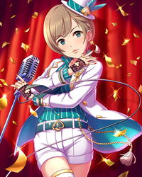  artist_request belt blue_eyes brown_hair confetti earrings female fingerless_gloves gloves hat idolmaster idolmaster_cinderella_girls jewelry manaka_misato microphone nail_polish official_art red_nails ring shirt short_hair shorts solo striped_clothes striped_shirt thighhighs vertical-striped_clothes vertical-striped_shirt vintage_microphone white_shorts 