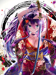  akabane_(zebrasmise) blue_eyes breasts cleavage commentary_request cover_image female floral_print japanese_clothes katana long_hair medium_breasts moeru!_jiten moeru!_nihoutou_jiten original photoshop_(medium) ponytail purple_hair solo sword weapon 