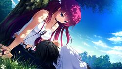  bare_shoulders bent_knees black_hair blue_eyes blue_hair breasts cleavage cloud erect_nipples female grisaia_(series) grisaia_no_kajitsu grisaia_no_rakuen kazami_yuuji legs long_hair pants red_hair sitting sky smile suou_amane tree 