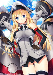  armor ass_visible_through_thighs bismarck_(kancolle) black_thighhighs blonde_hair blue_eyes blush breastplate breasts cloud cloudy_sky commentary_request cowboy_shot day detached_sleeves female gloves hand_on_own_hip hat highres kaho_okashii kantai_collection large_breasts long_hair looking_at_viewer mecha_musume military military_hat military_uniform outdoors panties pantyshot peaked_cap rigging sky solo standing sunlight thighhighs underwear uniform 