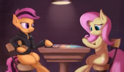  2015 anthro arms_bent bent_legs blue_eyes card card_deck card_game card_hand chair clothing cutie_mark duo equid equine feathered_wings feathers female fluttershy_(mlp) friendship_is_magic furniture gaming hair hasbro hi_res holding_card holding_object jacket leather leather_clothing leather_jacket leather_topwear legs_over_edge light magic:_the_gathering magic:_the_gathering_card mammal multicolored_hair my_little_pony mythological_creature mythological_equine mythology orange_body orange_feathers over_edge pegasus purple_eyes purple_hair scootaloo_(mlp) side_view simple_background sitting subjectnumber2394 table topwear trading_card two_tone_hair wings wizards_of_the_coast yellow_body yellow_feathers 