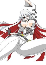  ankh arc_system_works belt bodysuit breasts cleavage female female gloves guilty_gear guilty_gear_xrd guilty_gear_xrd:_revelator jack-o_(guilty_gear) large_breasts long_hair looking_at_viewer mouth_hold multicolored_hair red_eyes red_hair silver_hair simple_background skin_tight smile solo two-tone_hair very_long_hair 