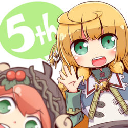  1boy :d blonde_hair blue_capelet blurry blurry_foreground blush brown_hair brown_hat capelet commentary_request curled_horns depth_of_field female green_eyes hair_ornament hand_up hat horns keke_(noora_to_toki_no_koubou) long_hair medallion naga_u noora_brandor noora_to_toki_no_koubou open_mouth round_teeth shirt smile speech_bubble teeth upper_teeth_only white_background white_shirt 